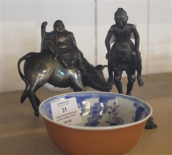 Chinese bronze buffalo incense burner, Thai bronze group and a Batavai ware bowl(-)